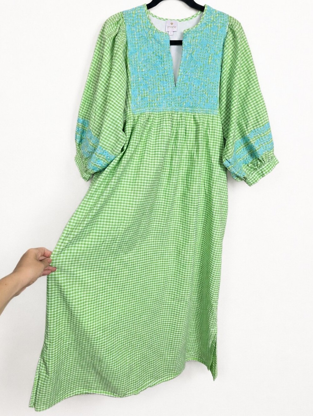 J Marie The Cooper Midi Dress Green Gingham Embroidered Boho Cottagecore L
